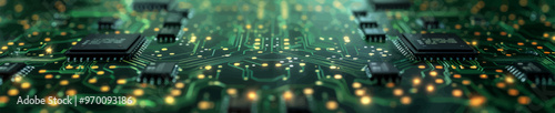 A detailed view of microchips and electrical components on a green circuit board, highlighting glowing pathways and intricate technological design. Generative ai vector illustration.