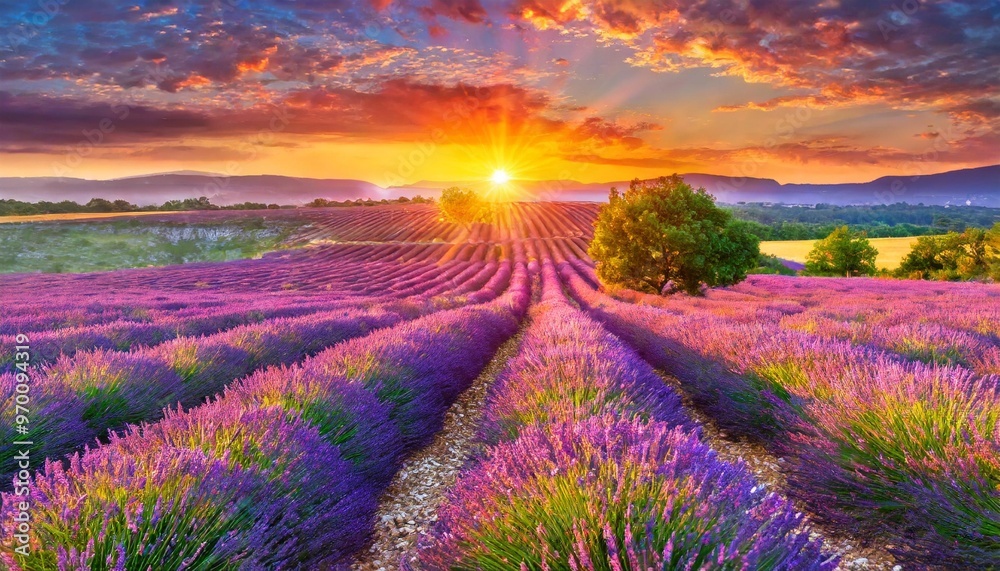Sunset Over the Lavender Fields in Provence, France, A Scenic Dream Sunset Over the Lavender Fields in Provence, France, A Scenic Dream