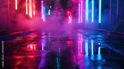 Neon Lights Reflecting on Wet Pavement