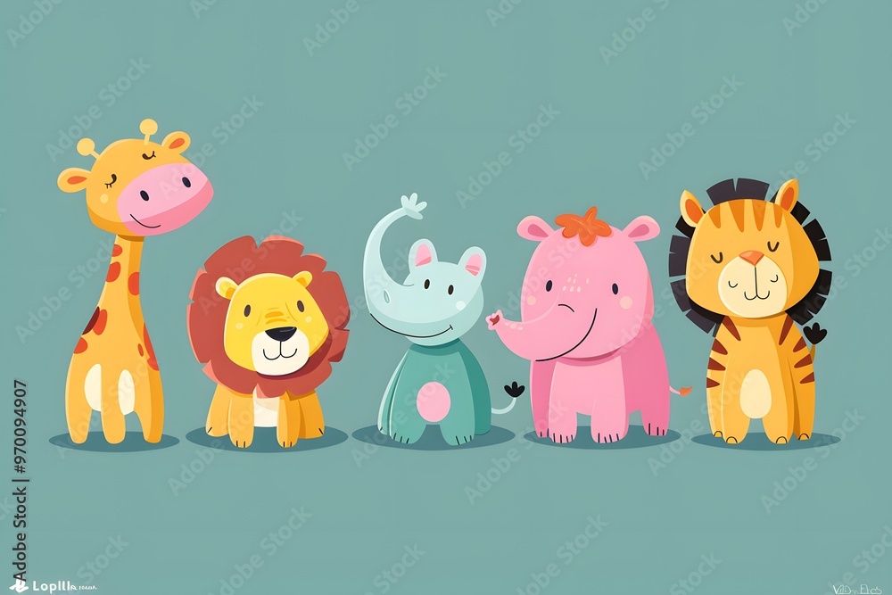 Adorable Cartoon Animals: A Giraffe, Lion, Elephant, Hippo, and Tiger in a Playful Lineup Adorable Cartoon Animals: A Giraffe, Lion, Elephant, Hippo, and Tiger in a Playful Lineup