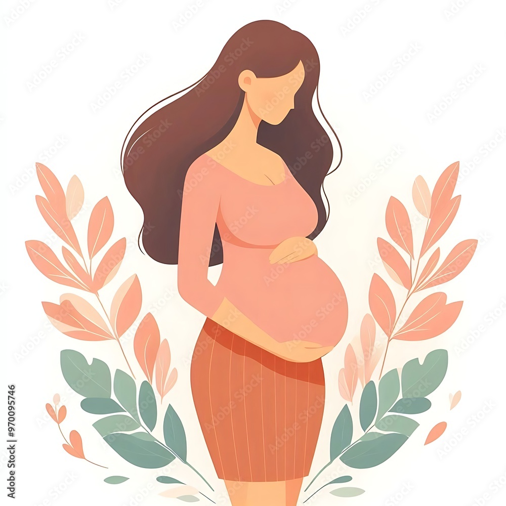 Beautiful young pregnant woman illustration. Concept of pregnancy and motherhood. Flat design on white background. Beautiful young pregnant woman illustration. Concept of pregnancy and motherhood. Flat design on white background.