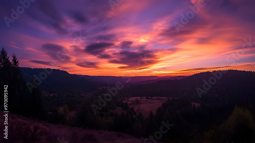 A sunset over a forested valley with the sun casting long shadows and the sky filled with deep oranges and purples creating a dramatic and tranquil scene.