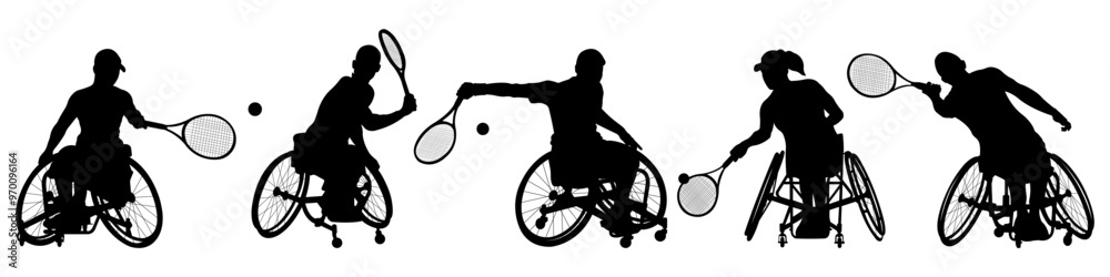Set of silhouettes of tennis players with disabilities.Concept of adaptive sport.Disabled person in wheelchair playing tennis.Vector illustration. Set of silhouettes of tennis players with disabilities.Concept of adaptive sport.Disabled person in wheelchair playing tennis.Vector illustration.