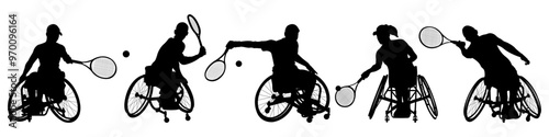 Set of silhouettes of tennis players with disabilities.Concept of adaptive sport.Disabled person in wheelchair playing tennis.Vector illustration. 