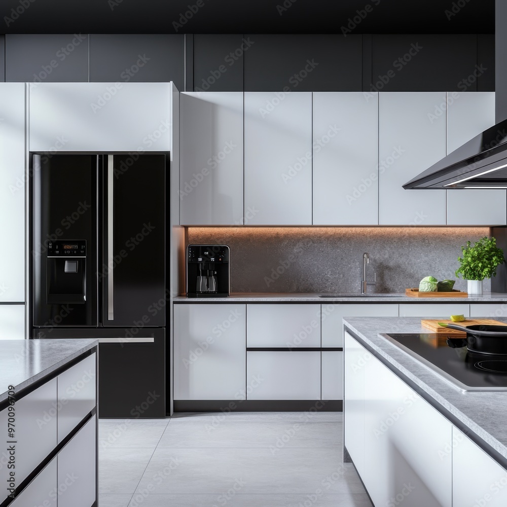 A high-tech kitchen with smart appliances, a digital assistant, and a sleek, modern design A high-tech kitchen with smart appliances, a digital assistant, and a sleek, modern design