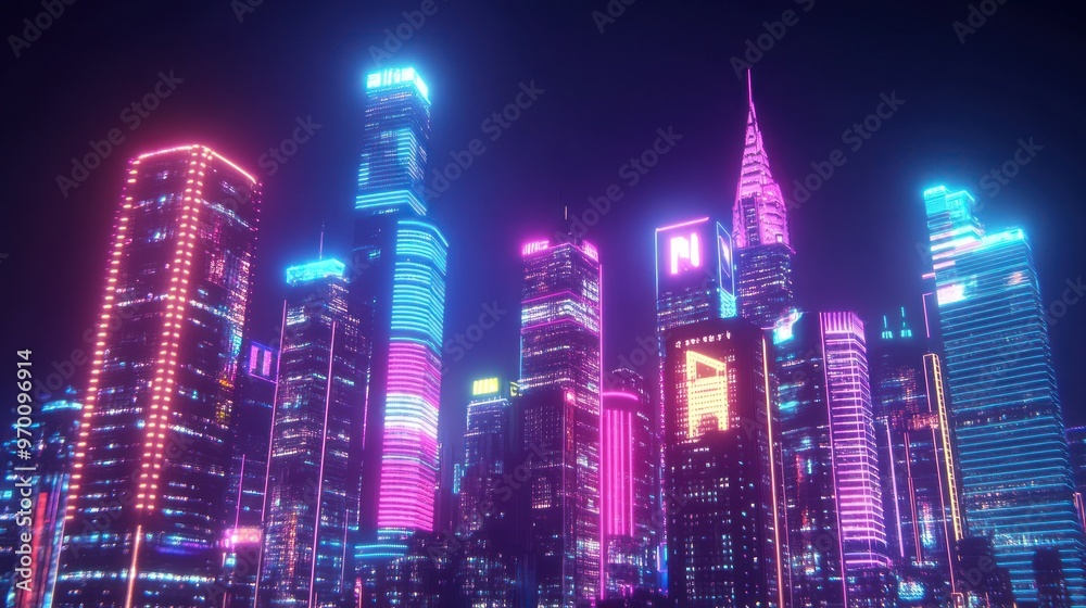Fototapeta premium Neon-lit Skyscrapers in a Futuristic Cityscape