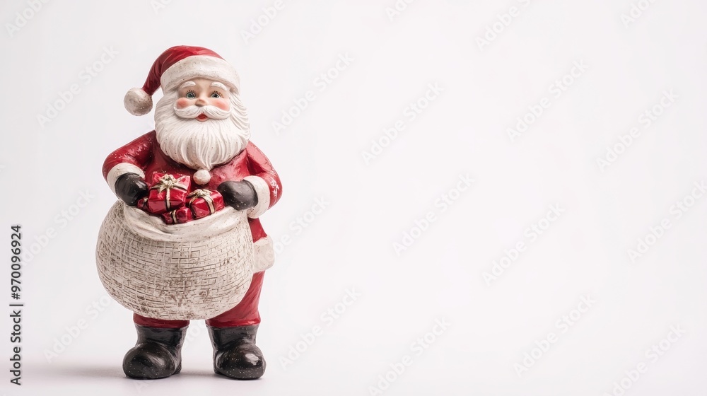 Cheerful Santa Claus Figurine Holding a Sack Full of Colorful Presents on a Bright White Background for Holiday Decor Cheerful Santa Claus Figurine Holding a Sack Full of Colorful Presents on a Bright White Background for Holiday Decor