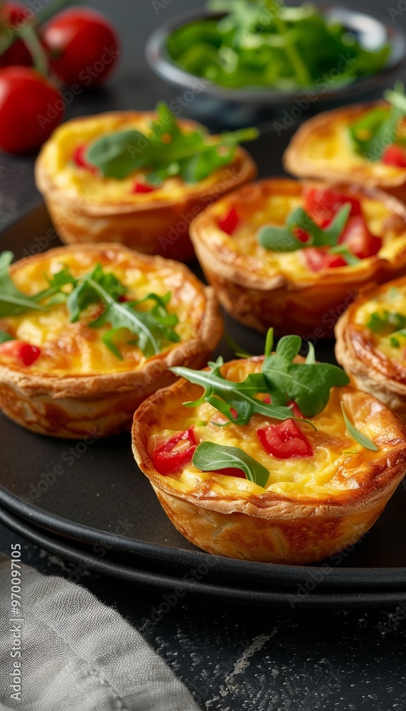 Delicious Mini Quiches with Cherry Tomatoes, Arugula, and Cheese, Freshly Baked Pastry Appetizers Delicious Mini Quiches with Cherry Tomatoes, Arugula, and Cheese, Freshly Baked Pastry Appetizers