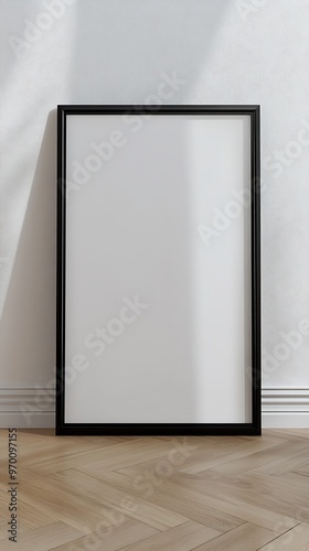 Blank Black Picture Frame Mockup on White Wall   Wooden Floor