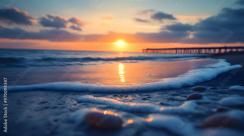 Fototapeta premium A sunset over a quiet beach with the sun setting behind a distant pier and the waves gently lapping at the shore creating a peaceful and reflective atmosphere.