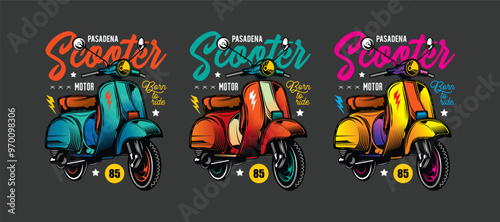 Classic old scooter. Original vector illustration in vintage style. T-shirt design.