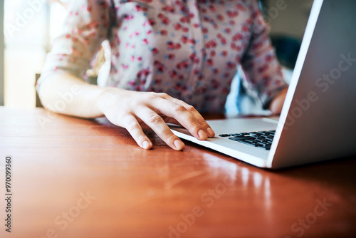 Hands, laptop and creative in office, typing and screenwriter with ideas for film, planning and online. Computer, playwright and development of character in dialogue, person and freelancer in morning photo