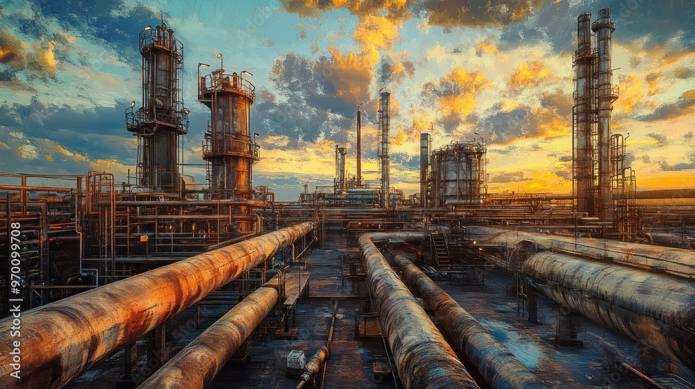 Fotografie Industrial Refinery at Sunset with Rusty Pipes