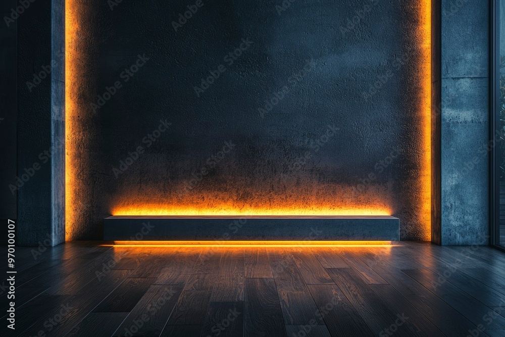 Concrete Wall with Yellow Lights and a Wooden Floor Concrete Wall with Yellow Lights and a Wooden Floor