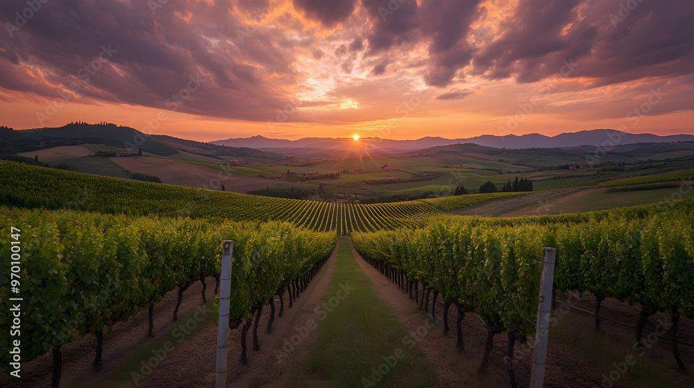 Fototapeta premium A sunset over a vineyard in Tuscany with rows of grapevines stretching out under a sky filled with warm golds and deep purples and the hills bathed in light.