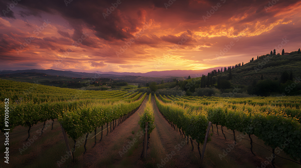 Naklejka premium A sunset over a vineyard in Tuscany with rows of grapevines stretching out under a sky filled with warm golds and deep purples and the hills bathed in light.