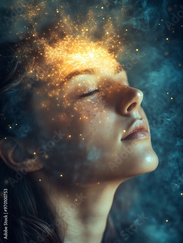 Woman with glowing sparks around head, spiritual awakening concept