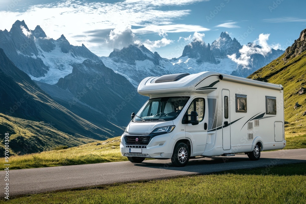 White motorhome drives on French mountainous terrain White motorhome drives on French mountainous terrain
