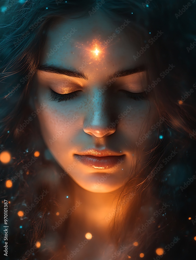 Mystical woman with glowing third eye and light particles around her face. Spiritual awakening, fantasy concept. Mystical woman with glowing third eye and light particles around her face. Spiritual awakening, fantasy concept.