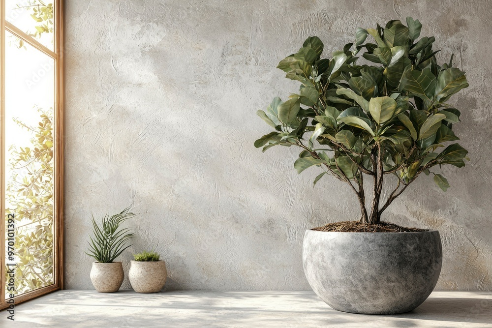A large potted plant with green leaves stands against a textured wall.