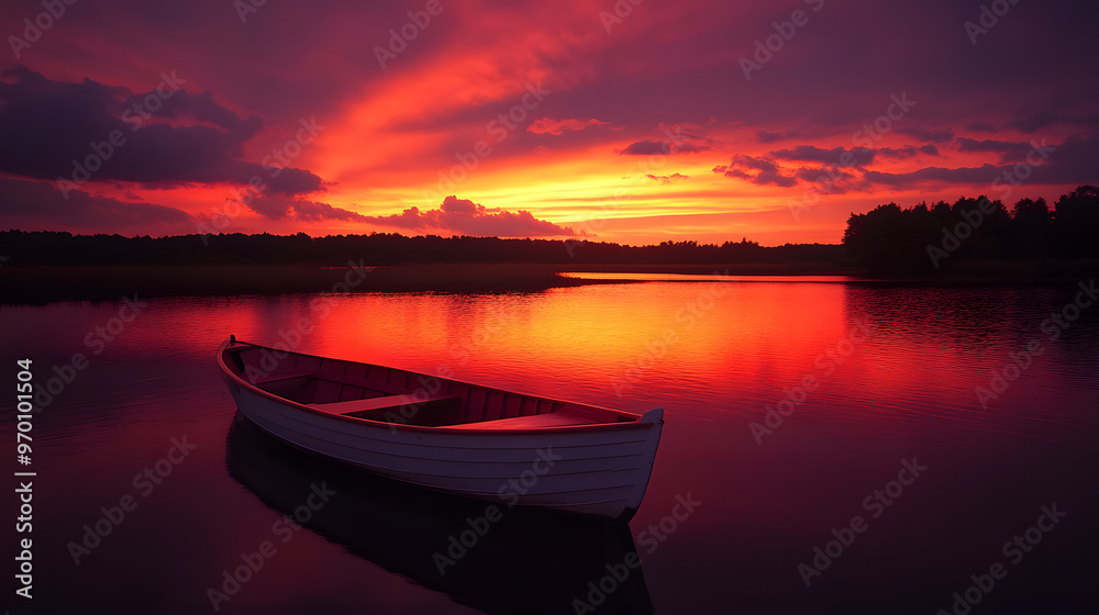 A tranquil sunset over a calm river with a rowboat gently drifting on the water and the sky ablaze with fiery reds and deep purples. A tranquil sunset over a calm river with a rowboat gently drifting on the water and the sky ablaze with fiery reds and deep purples.