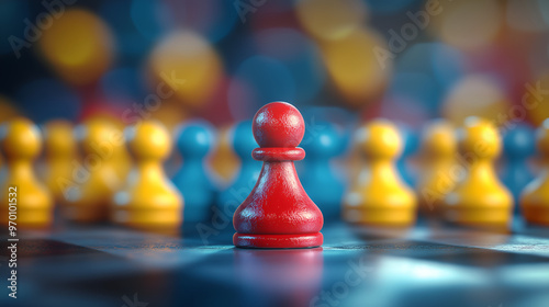 Red Chess Pawn Standing Out Among Yellow and Blue Pieces.Individuality and leadership, courage and distinction