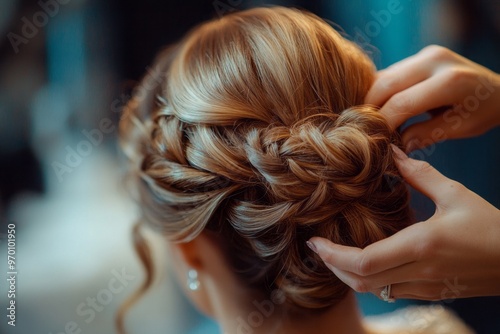 Close-up shots of a hair stylist crafting an elegant updo for a special occasion, 