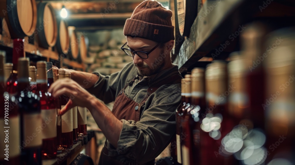 A biodynamic winemaker labeling wine bottles by hand A biodynamic winemaker labeling wine bottles by hand