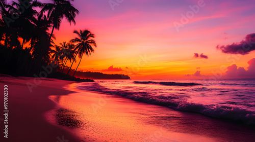 A tropical beach at sunset with palm trees silhouetted against a sky of deep orange and pink and the waves gently lapping at the shore.