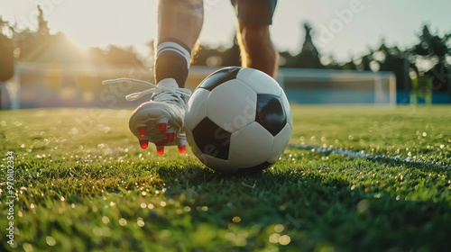 Feet of Soccer Player Treading on Ball for Kick-Off: Stadium action shot.