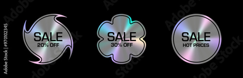 Hologram stickers and emblems with a metallic sheen highlight promo labels and tags. The holographic tags feature dynamic effects and a modern touch. SALE 20%, 30% OFF, HOT PRICES.