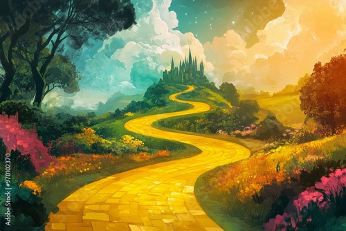 illustration of the iconic yellow brick road as it winds its way through a magical land filled with wonder and adventure