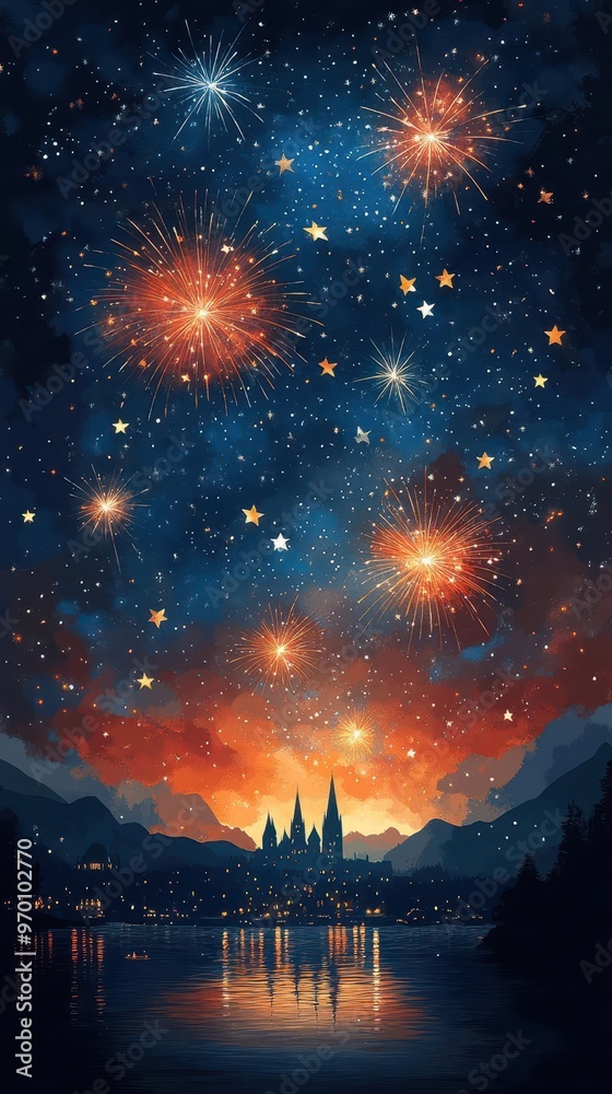 patriotic fireworks explode over iconic american landmarks stars and stripes banner waves in foreground red white and blue color palette dominates night sky patriotic fireworks explode over iconic american landmarks stars and stripes banner waves in foreground red white and blue color palette dominates night sky