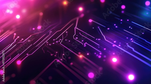 Abstract Purple and Blue Circuit Board with Glowing Lights.