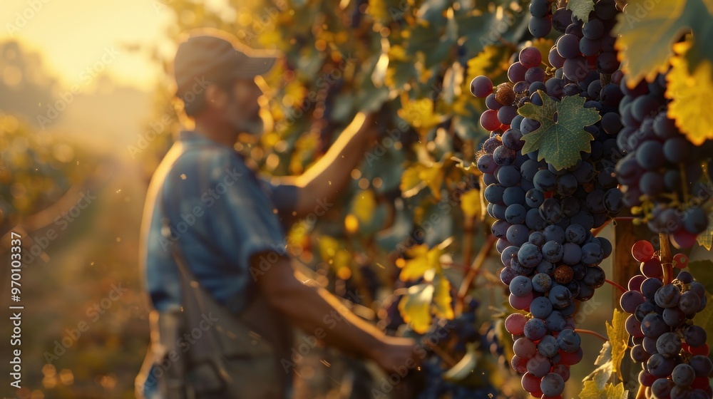 A farmer in a hat and checkered shirt is harvesting grapes in a sunny vineyard. A farmer in a hat and checkered shirt is harvesting grapes in a sunny vineyard.