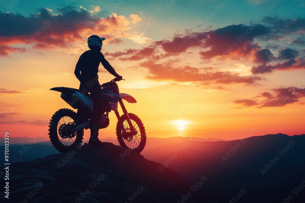 Obraz premium Silhouette of man with motocross bike on mountain rock at beautiful sunset enduro travel concept