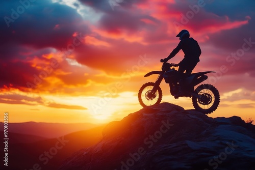 Silhouetted man on motocross bike on mountain top at sunset enduro travel concept