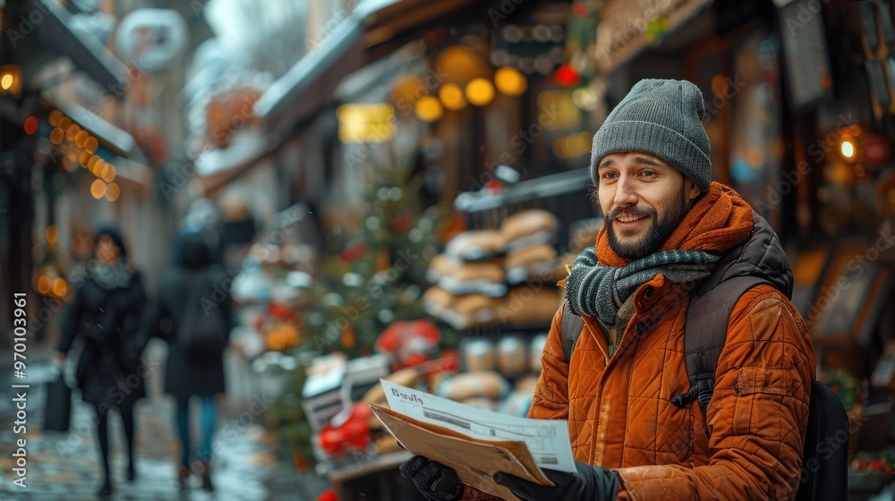 A man with a beard and short hair smiles while holding a map or brochure A man with a beard and short hair smiles while holding a map or brochure