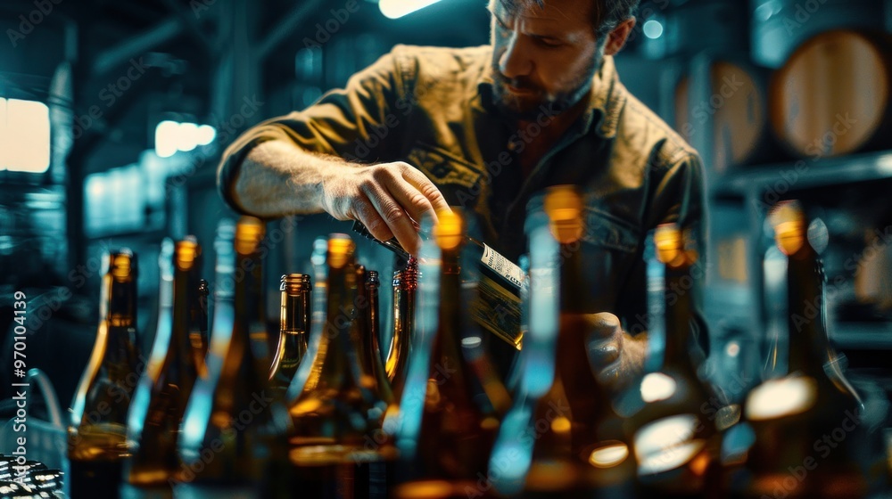 A biodynamic winemaker labeling wine bottles by hand A biodynamic winemaker labeling wine bottles by hand