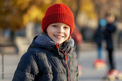 Smiling boy in red hat and jacket enjoying daytime skate