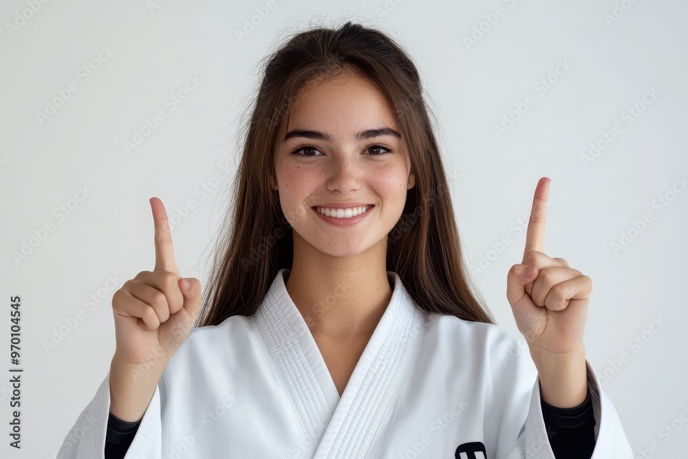 Smiling brunette in karate uniform holding up two fingers confidently Smiling brunette in karate uniform holding up two fingers confidently