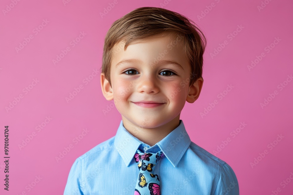 Smiling young man in blue shirt and butterfly tie studio portrait on pink background Smiling young man in blue shirt and butterfly tie studio portrait on pink background