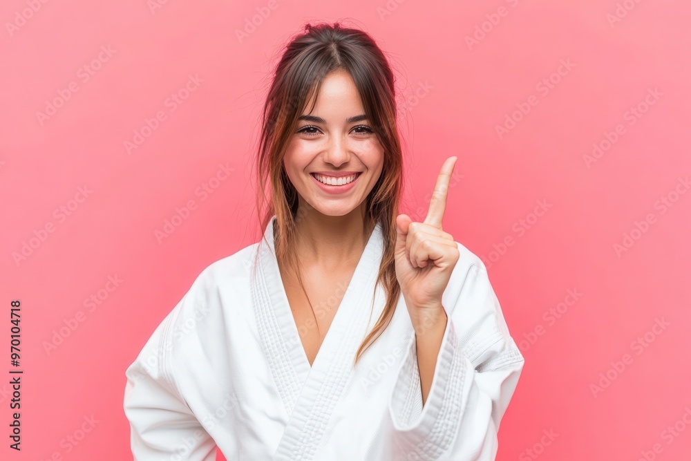 Smiling young woman from Uruguay does karate and shows victory sign on white background Smiling young woman from Uruguay does karate and shows victory sign on white background