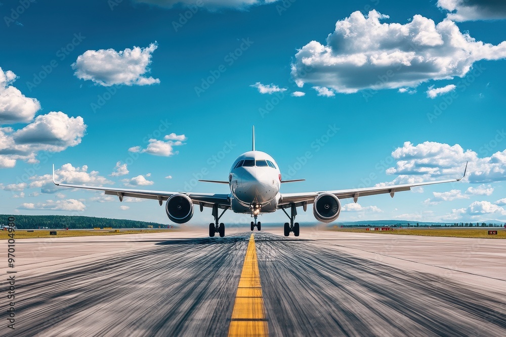 Smooth landing of passenger airplane in clear weather with blue sky and clouds on runway Smooth landing of passenger airplane in clear weather with blue sky and clouds on runway