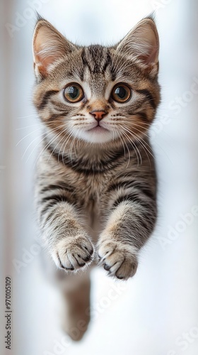 playful cat portrait leaping american shorthair cat frozen midjump against white background sleek fur expressive eyes and dynamic pose sharp details and contrast