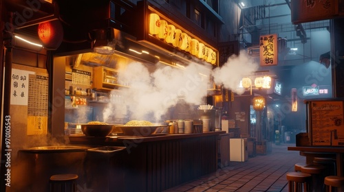 Steaming Food Stall in a Narrow, Lit-Up Alleyway