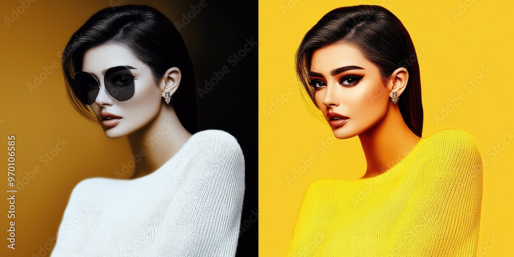 Fototapeta premium A chic young woman posing with a striking contrast between black and yellow backgrounds, showcasing her stylish sunglasses and trendy knitwear on a bright sunny day