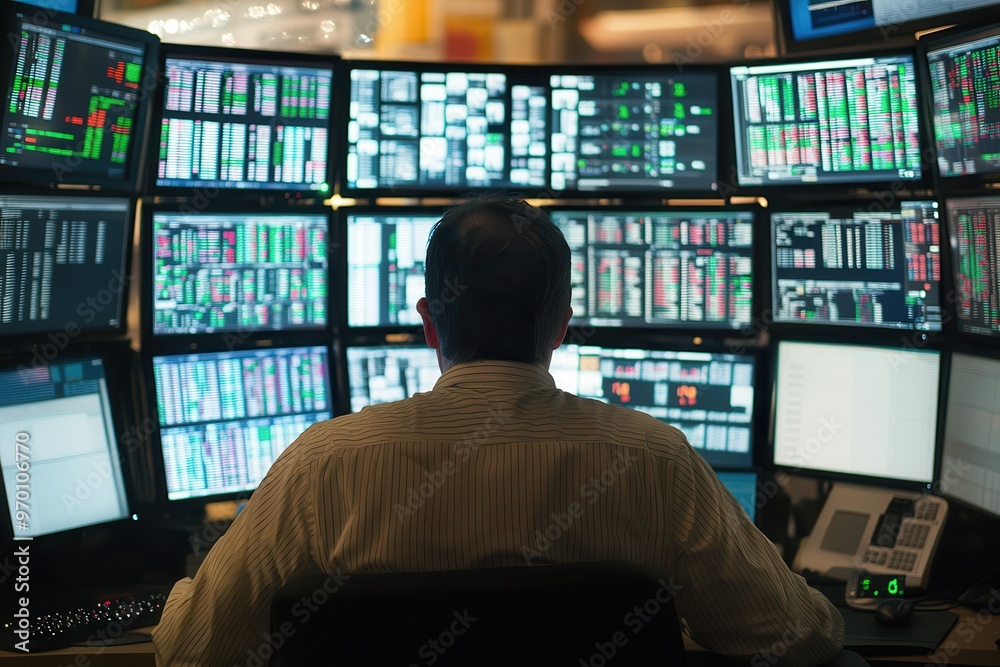 Stock trader viewing several computer screens from behind Stock trader viewing several computer screens from behind