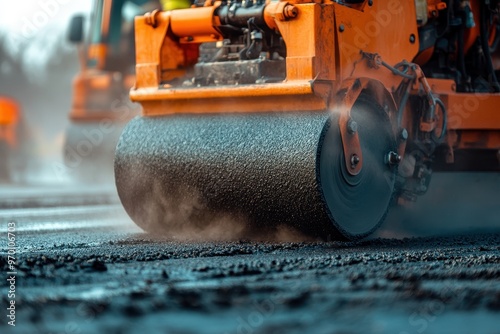 Steam rollers compacting asphalt on highway construction site with tracked pavers