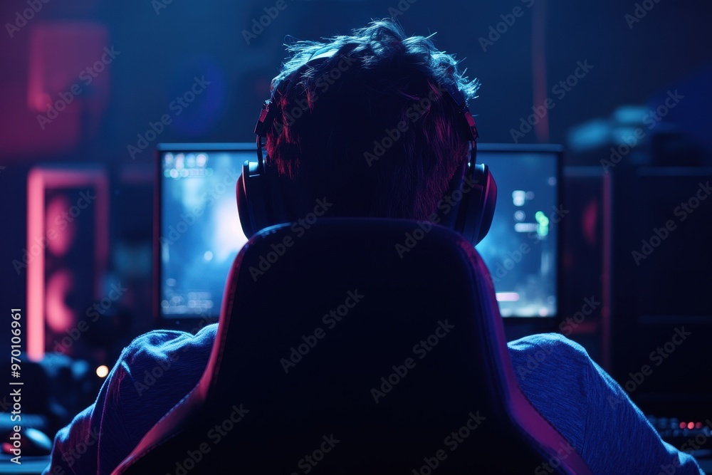 Streamer player on chair in dark room playing computer video game